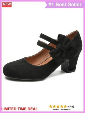 Women's Mary Jane Block Heel Pumps Bow Ankle Strap Closed Toe Dress Shoes